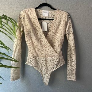 Cream Lace Surplice Wrap Bodysuit